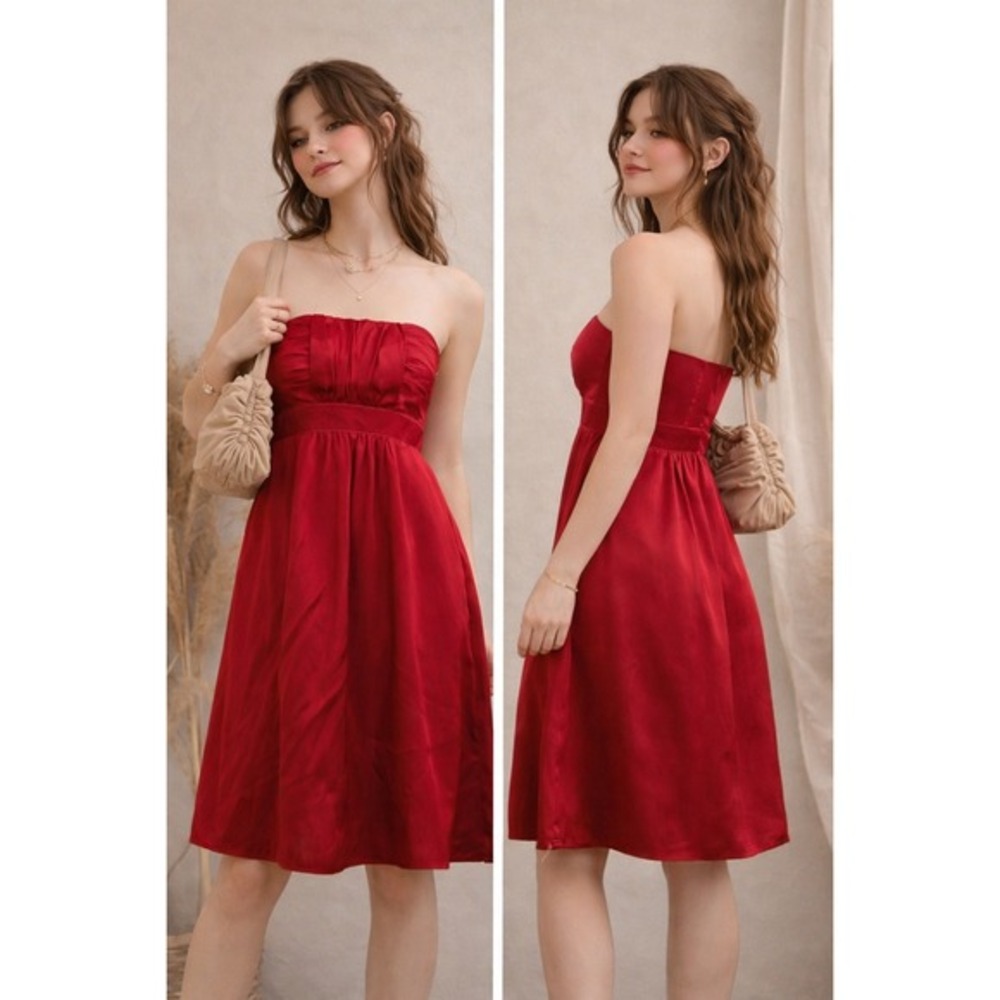 Vintage Y2K Banana Republic Dress Women 0 Red Silk Strapless Empire Waist‎